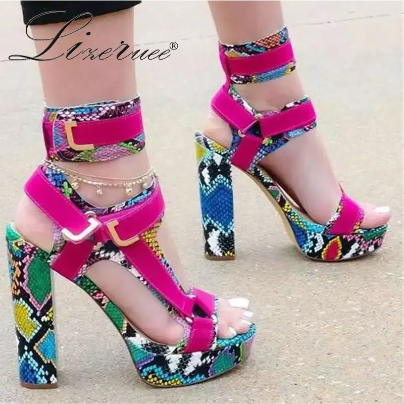 

Women Peep Toe Sexy Multi Color Chunky Heel Sandals Platform Dress Shoes Square High Heels Gladiator Sandals Women Big Size 43
