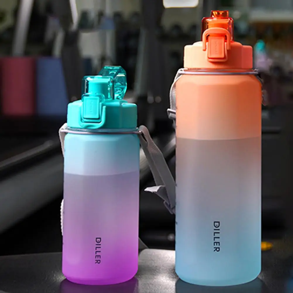 Flm 1050ML/2000ML Water Bottle Leak-proof One-piece Design with Handle  Straw Motivational Water Bottle with Measuring Scale for Fitness