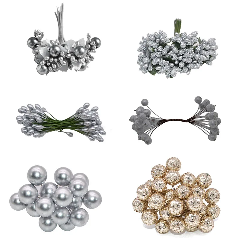 Silver Artificial Flower Cherry Stamen Berries Bundle New Year Xmas Decoration For DIY Christmas Wedding Cake Gift Box Wreaths