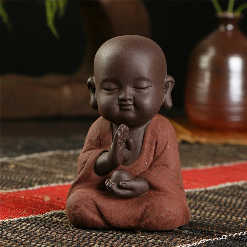

Buddha Statue Holding a Small Monk Color Sand Ceramic Home Club Feng Shui Decorative Ornaments Purple Sand Tea Pet