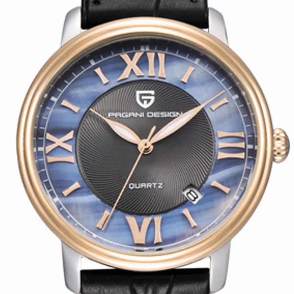 

36mm Pagani design blue dial quartz watch automatic date black leather strap women Fashion casual watch