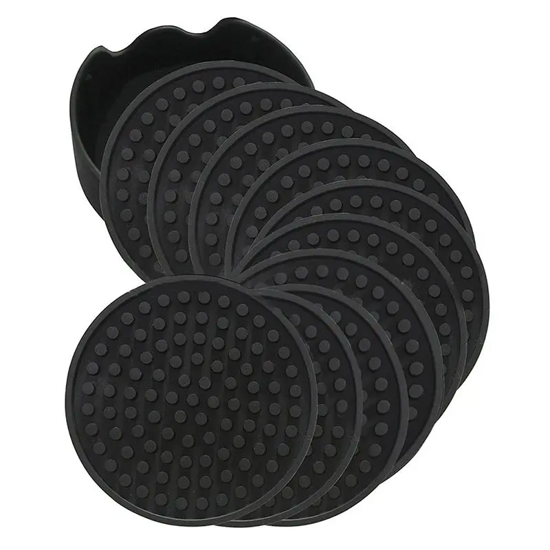 6pcs Silicone Black Coasters Round-shaped Practical Convenient Heat-resistant deep tray anti-overflow Coasters