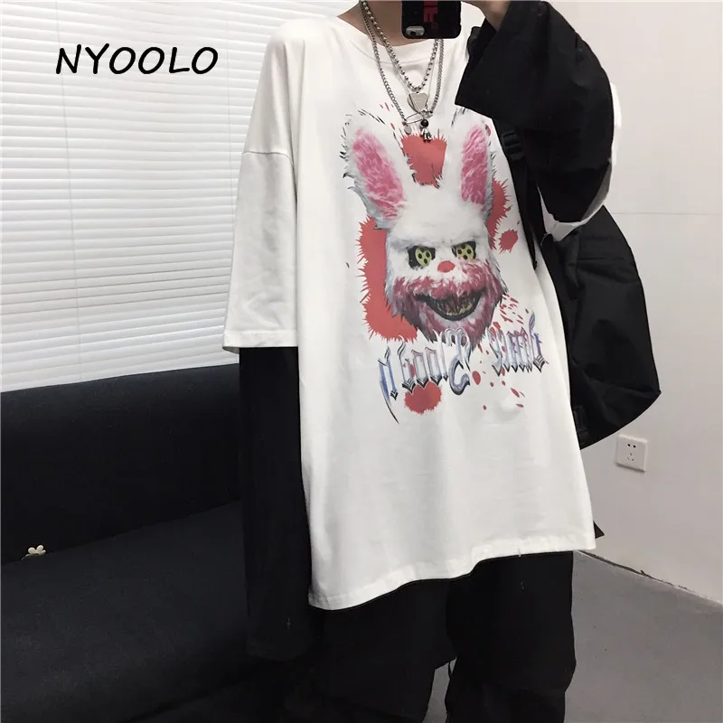 NYOOLO новинка дизайн кровавый кролик с буквенным принтом Лоскутная футболка осень уличная одежда с длинным рукавом Футболка женская мужская одежда Топ
