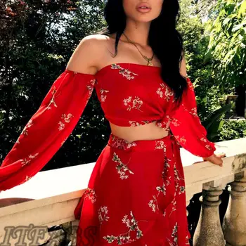 

Boho Women Short Top Floral Print T Shirt Mini Skirt Evening Party Two Piece Set For Women Beach Dress Sunsuit