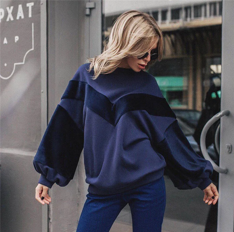 

Women Sweatshirt for Streetwear Patchwork Color Matching Design O-Neck Lantern Sleeveless Top Warm Comfortable Autumn Fleece Top