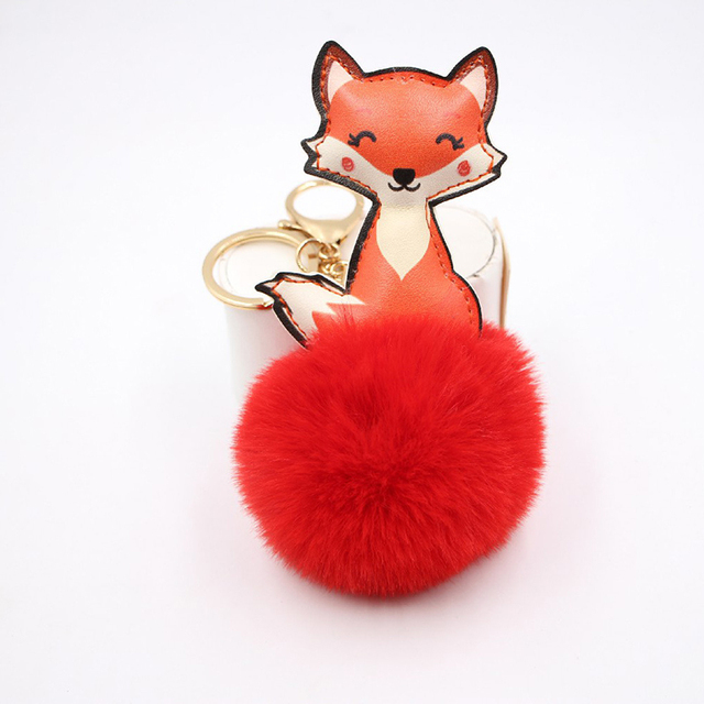 Ball Keychain Charm Key Ring Cute Leather Fox Keyring Plush Fluffy Pompom Faux Rabbit Fur Ball Bag Car Key Charms Accessory