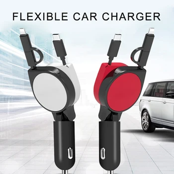 

Car Charger Quick Charge 3.1A with Dual Retractable Cable Multifunctional 3 in 1 Adapter Compatible with Android Type-C iPhone