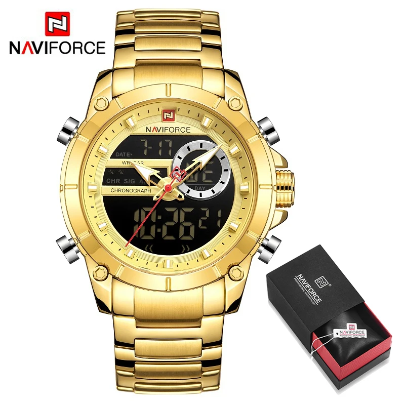 Golden in Box NAVIFORCE, мужские военные модные часы, синяя сталь, водонепроницаемые, двойной дисплей и кварцевые наручные часы, мужские часы, Relogio Masculino - Цвет: Golden in Box