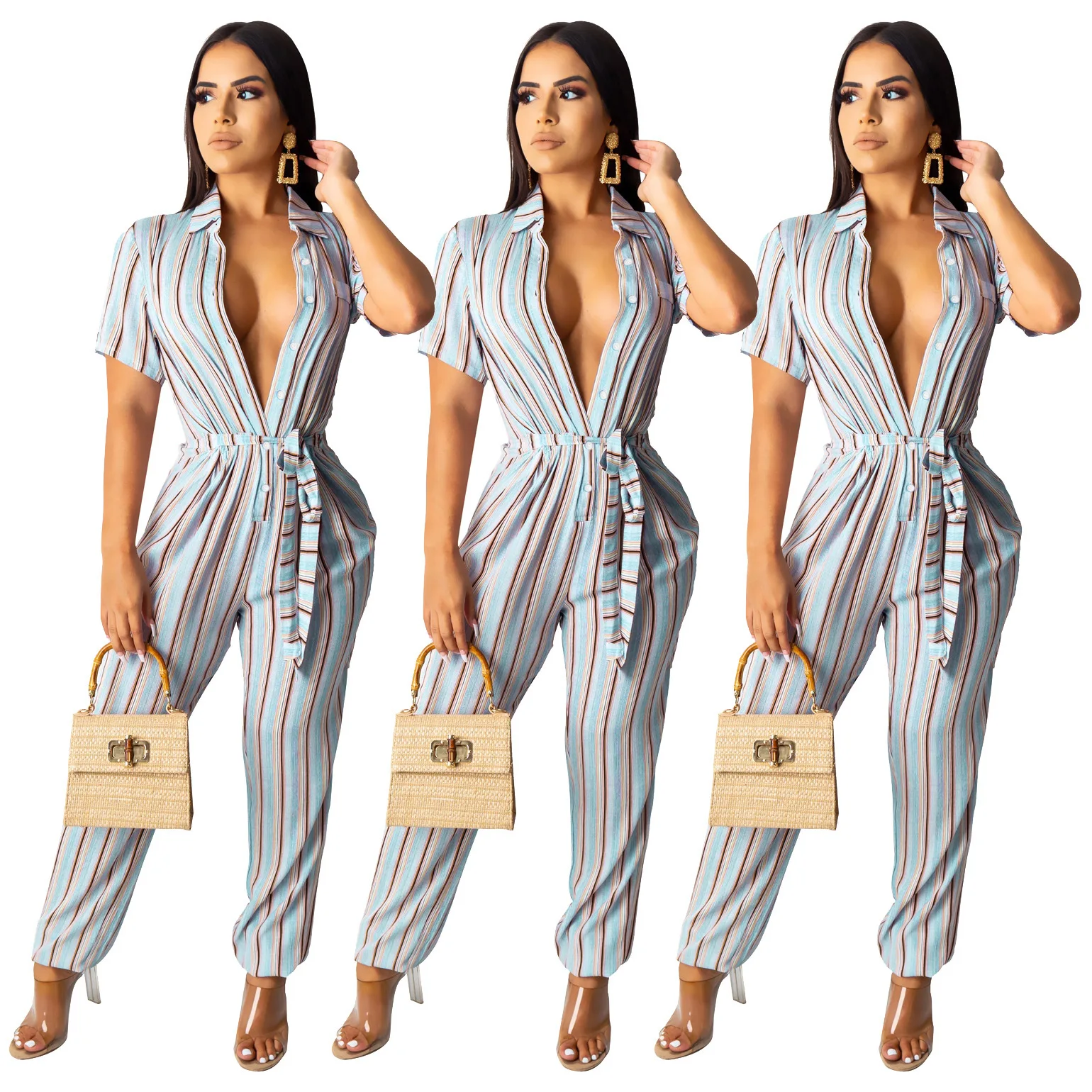 

New Arrival Autumn Women Jumpsuit Hot Style Solid-color Striped Print Short Sleeves Button Sashes Bow Skinny Rompers