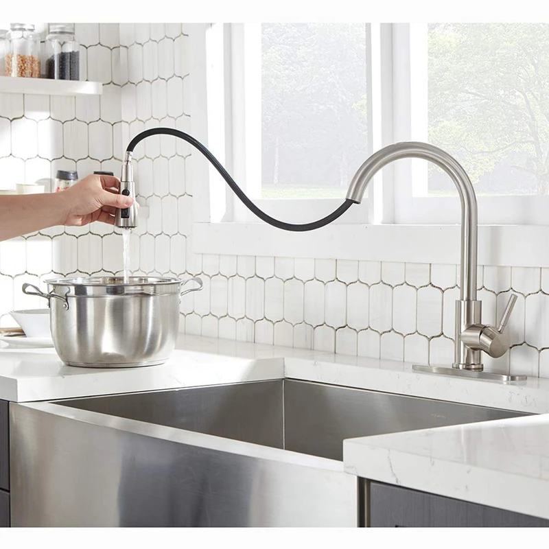 Single Handle High Arc Pull Out Brushed Nickel Kitchen Faucet Stainless Steel Sink Faucets with Pul - 4000347308809