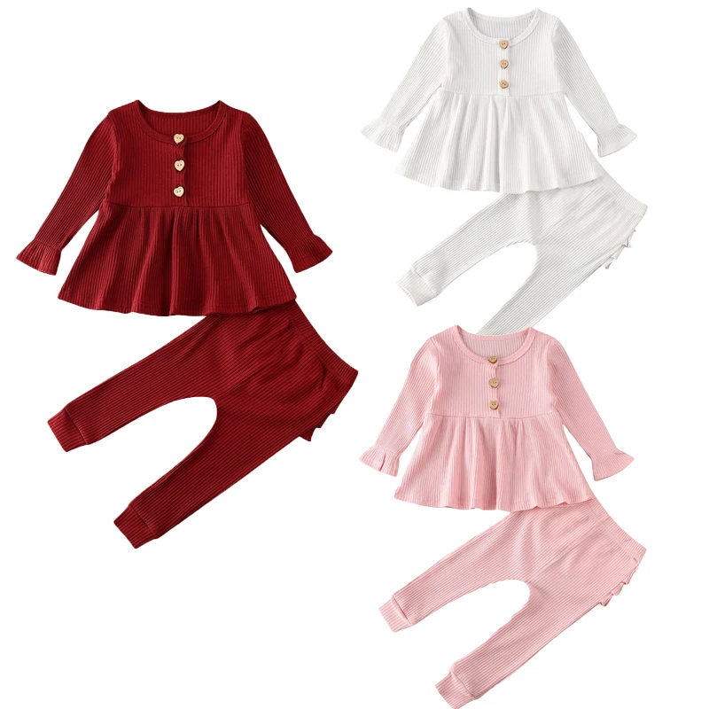 2Pcs Kids Baby Girl Clothes Solid Long Sleeve Tops Dress+Ruffle Leggings Pants Autumn Outfit Set Girls Clothing 0-24 Months | Детская