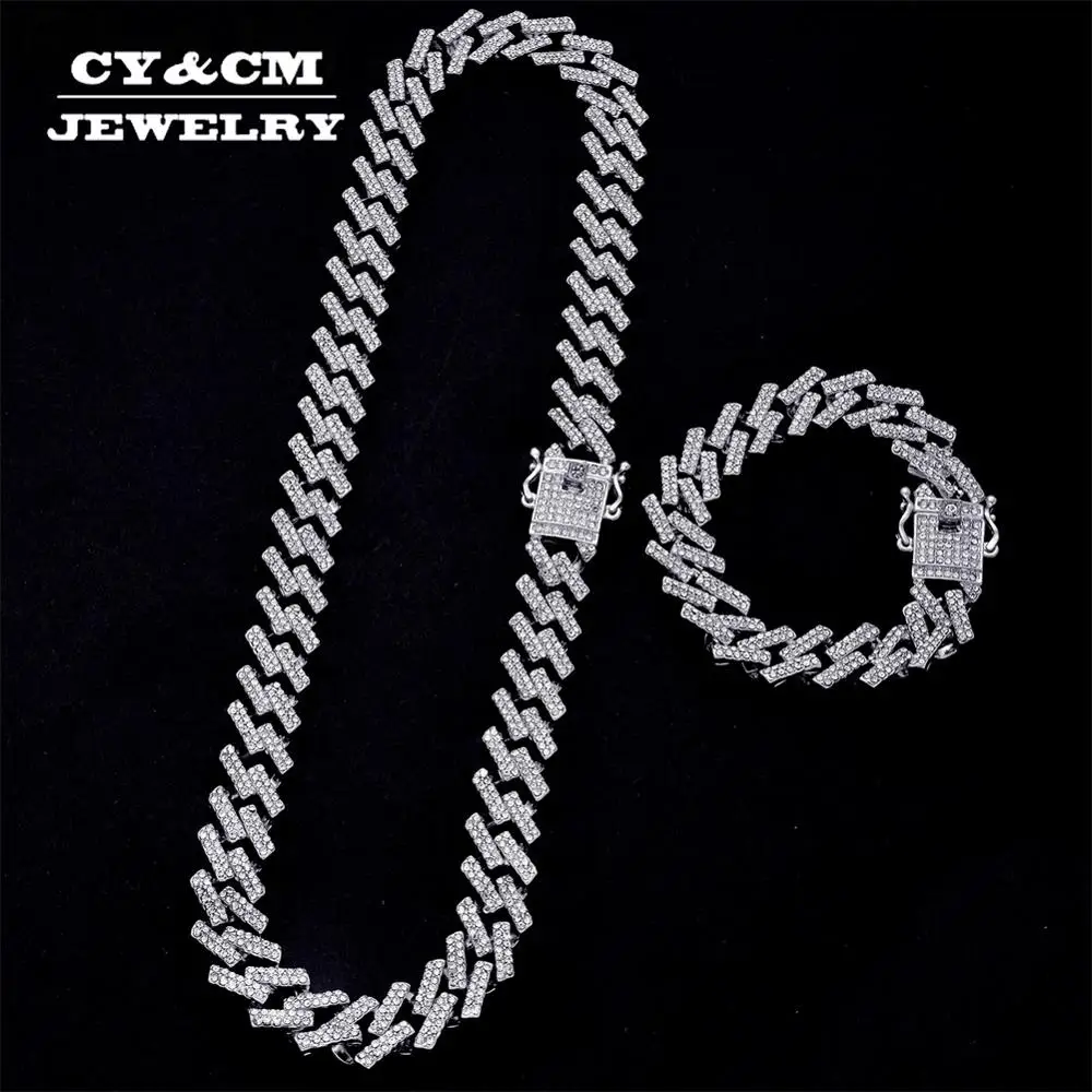 Necklace Bracelet Link Prong Rhinestones-Clasp Crystal Miami Cuban 15mm Iced-Out Mens