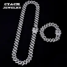 Iced para fora corrente bling prong miami cubana link correntes colares 15mm strass cristal completo fecho hip hop colar pulseira dos homens