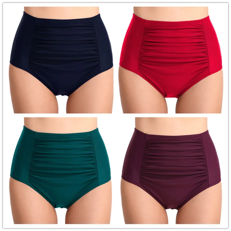 Женский купальник, бикини, низ, Одноцветный, высокая талия, с рюшами, купальник, трусы размера плюс, женское нижнее белье, для плавания, Спортивная, пляжная одежда