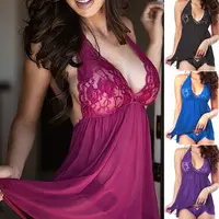 Purple Blue Red Black Sexy Plus Size Lace Lingerie Set V-neck Nightgown Dress 1