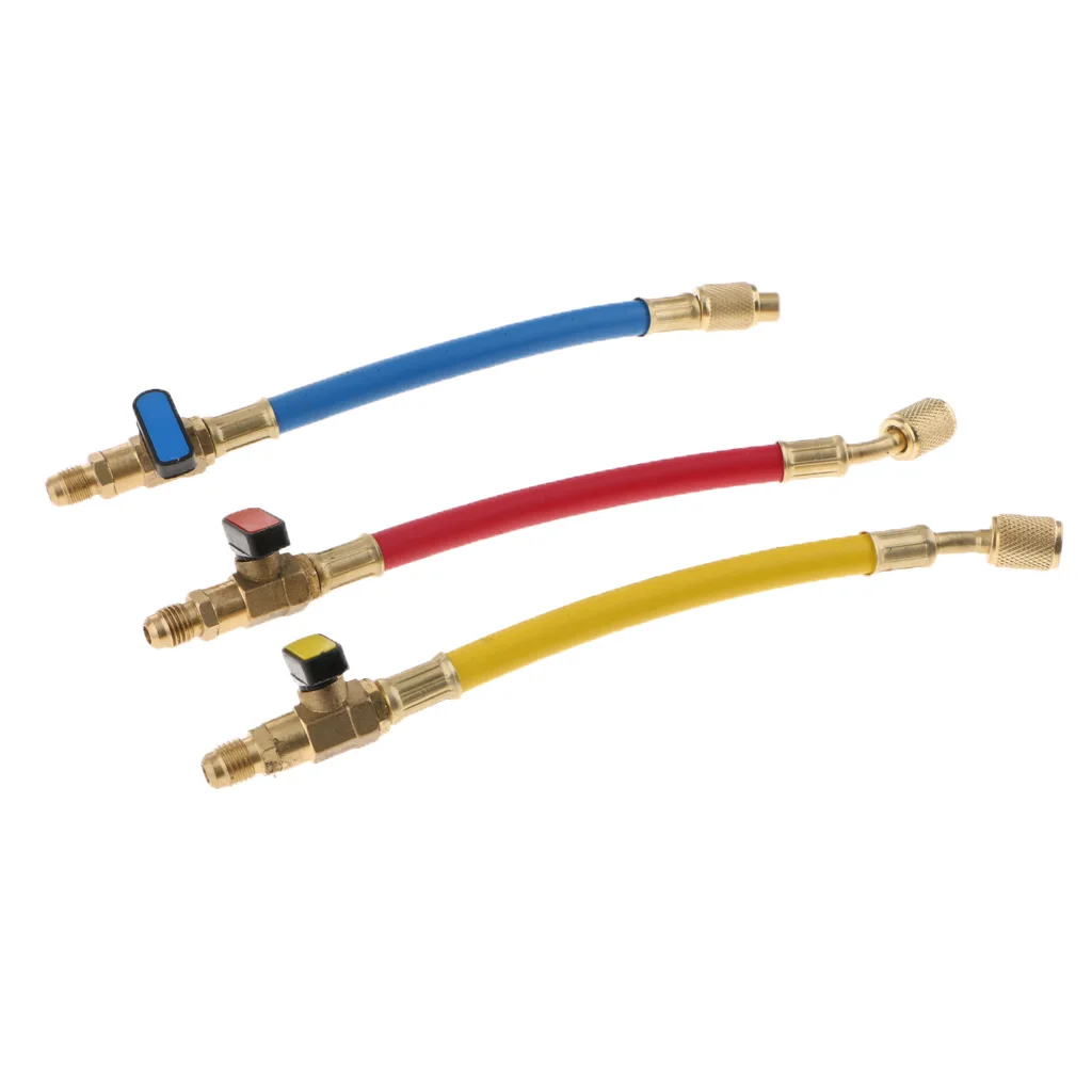3 Pieces A/C HVAC R134A R410A R22 R12 Short Charging Hoses with Ball Valves