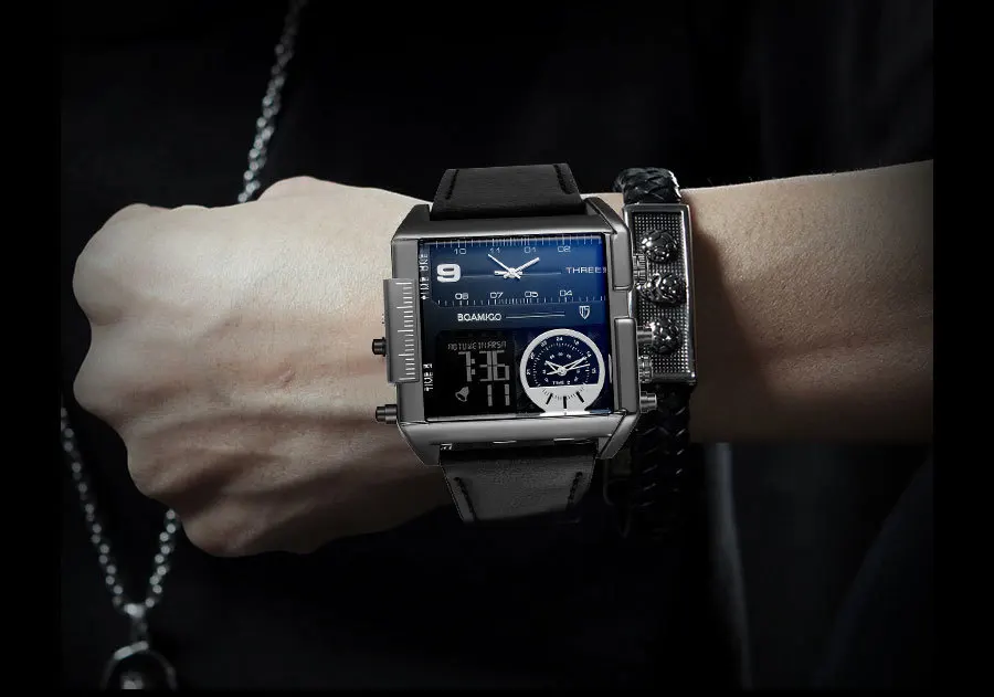 BOAMIGO, большие квадратные спортивные часы для мужчин, три часовых пояса, мужские часы, модные кожаные мужские часы, кварцевые аналоговые цифровые наручные часы