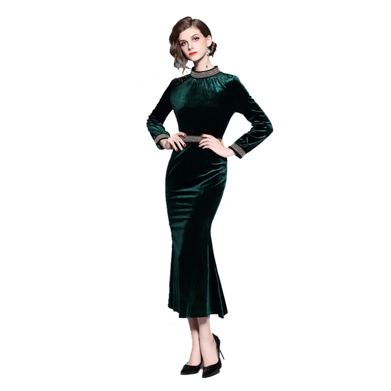 

ARiby Women Fashion Mermaid Dress 2019 Autumn Winter New Vintage Velvet Dress Full Sleeve O-Neck Nail Bead Slim Mid-Calf Dress