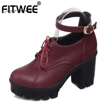 

FITWEE Women High Heels Shoes Ankle Strap Platform Thick Heels Pumps Retro Vintage 2019 New Spring Women Shoes Size 34-43