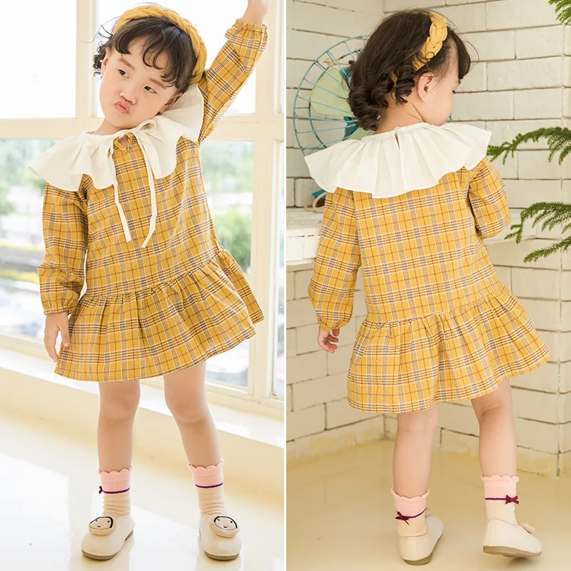 

2019 Autumn Girl Cute Dresses Children Clothing Sailor Collar Long Sleeve Vestido Ruffles Sweep Girls Cotton Plaid Dress Clothes