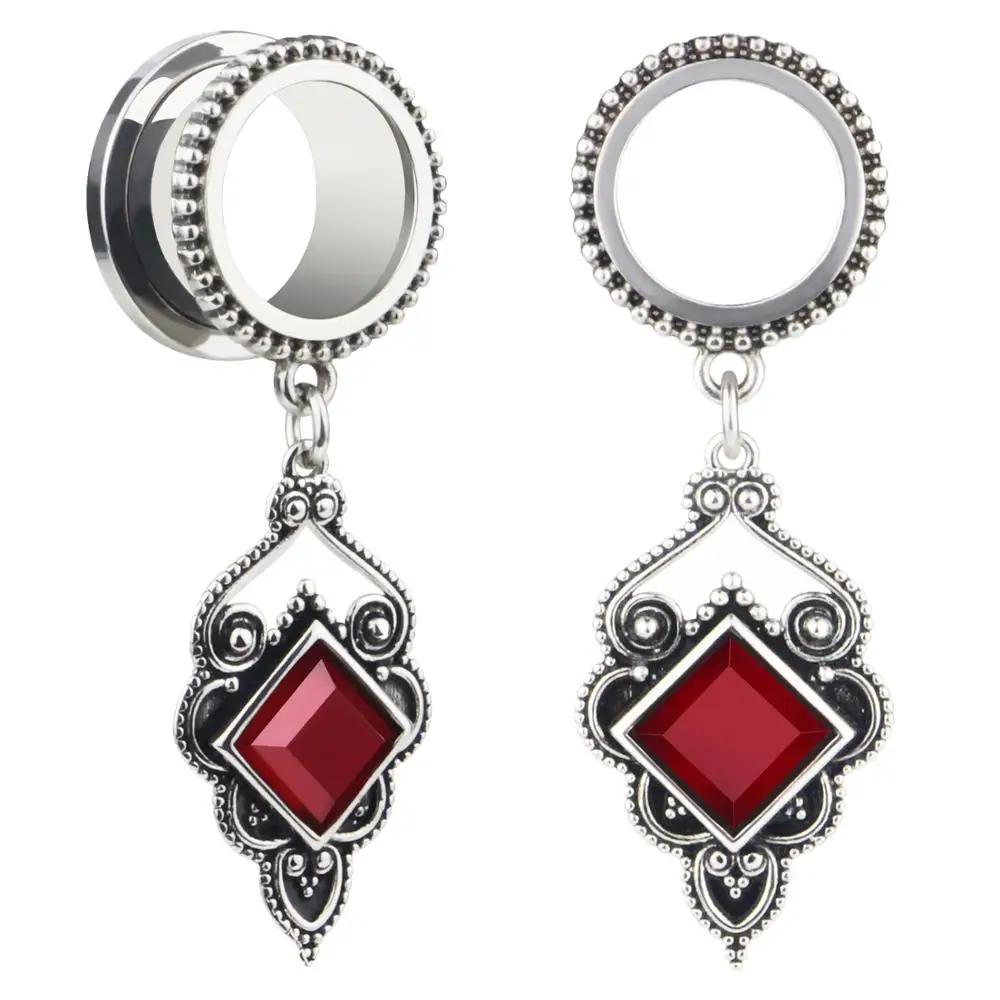 

Pair of Ruby Dangle Ear Gauges Screw Plugs for Women Ear Tunnel Stainless Steel Stretcher Eyelet Body Piercing Jewelry 2G-16mm