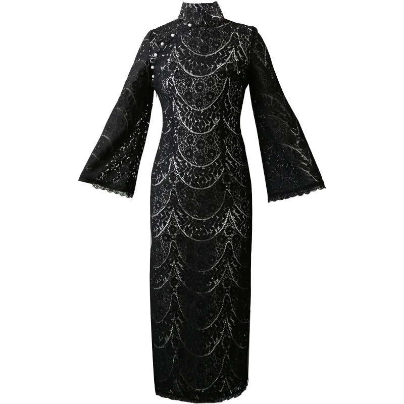 Flare Sleeves Pearl Luxury Dress Temperament Tassel Lace Black Cheongsam New Design Ladies Vintage Dress C1903