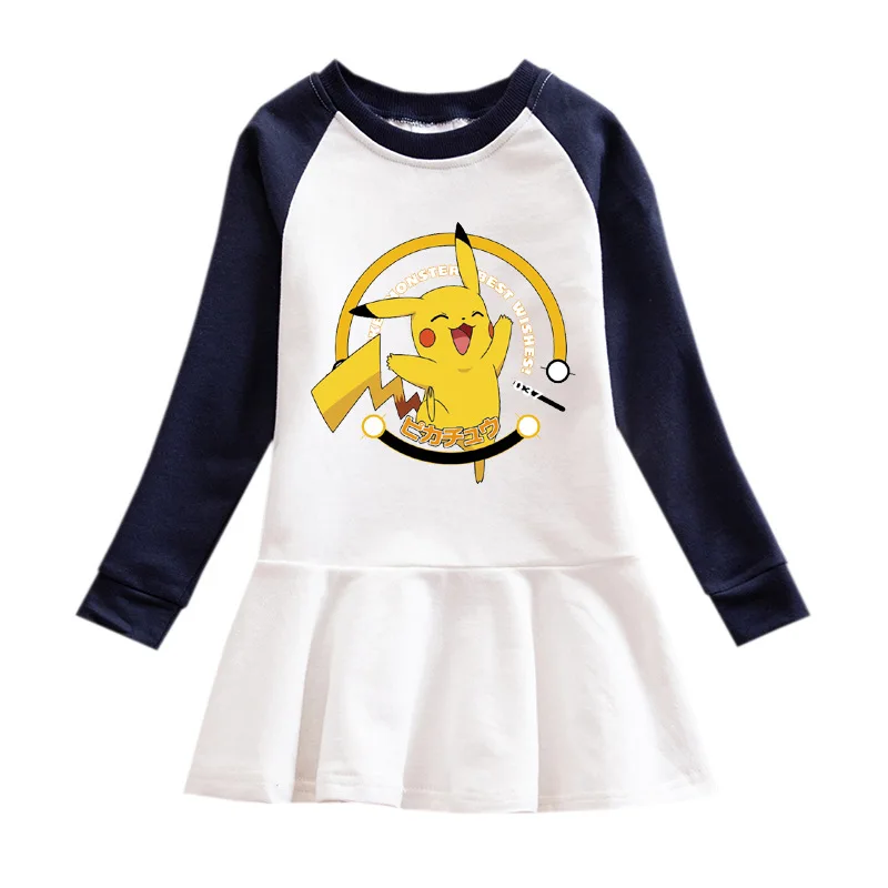 Весенне-осенний костюм с покемонами для маленьких девочек, комплект одежды для девочек, детские платья с длинными рукавами, брючный костюм, одежда Пикачу, элегантное платье - Цвет: 6021darkblue