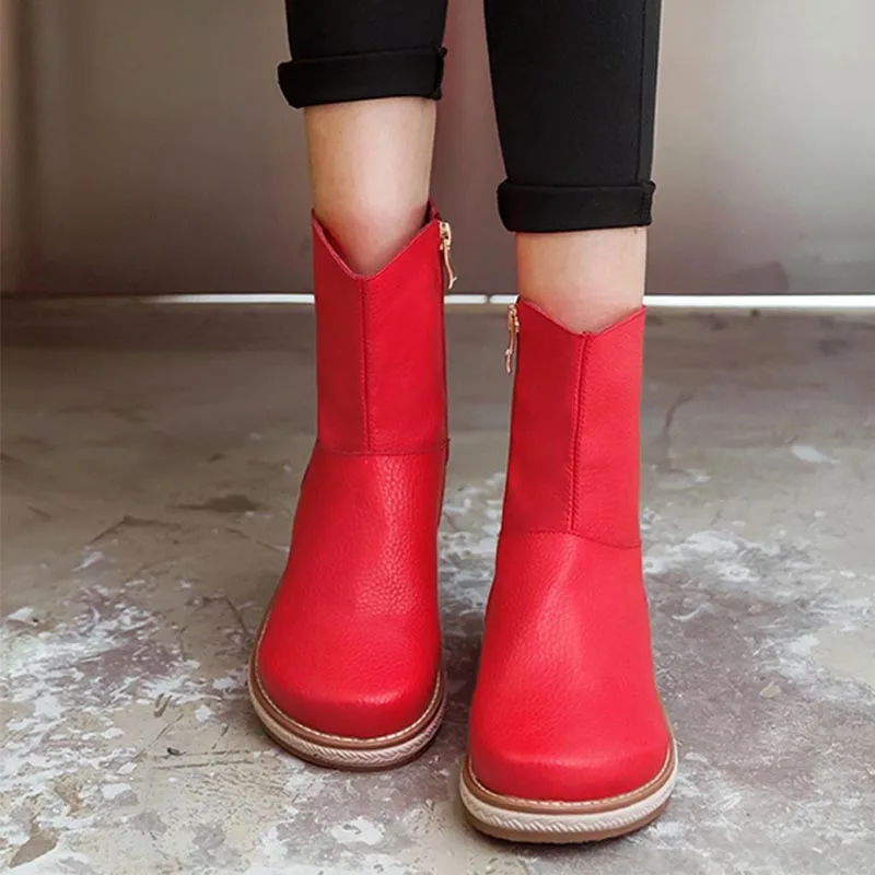

Red leather Boots Autumn And Winter new Women's slip on Shoes Solid Color Round Head Zipper flat short Booties Plus size 43