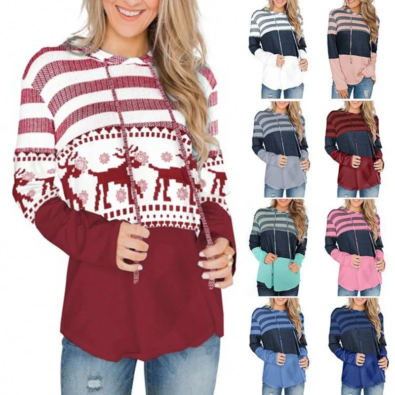 

New 2020 Hooded Sweater Women's Autumn European Christmas StripeRreindeer Print Fashion Pullover Sweatshirt