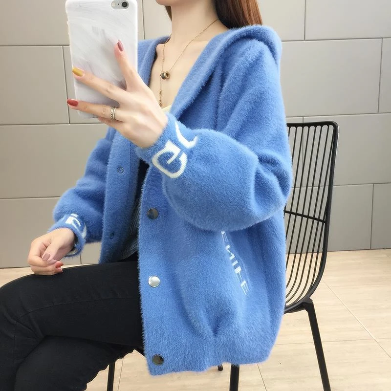 moda coreano carta impressão com capuz cardigan feminino chique macio mink cashmere camisola jaqueta casual único breasted lã casaco de malha