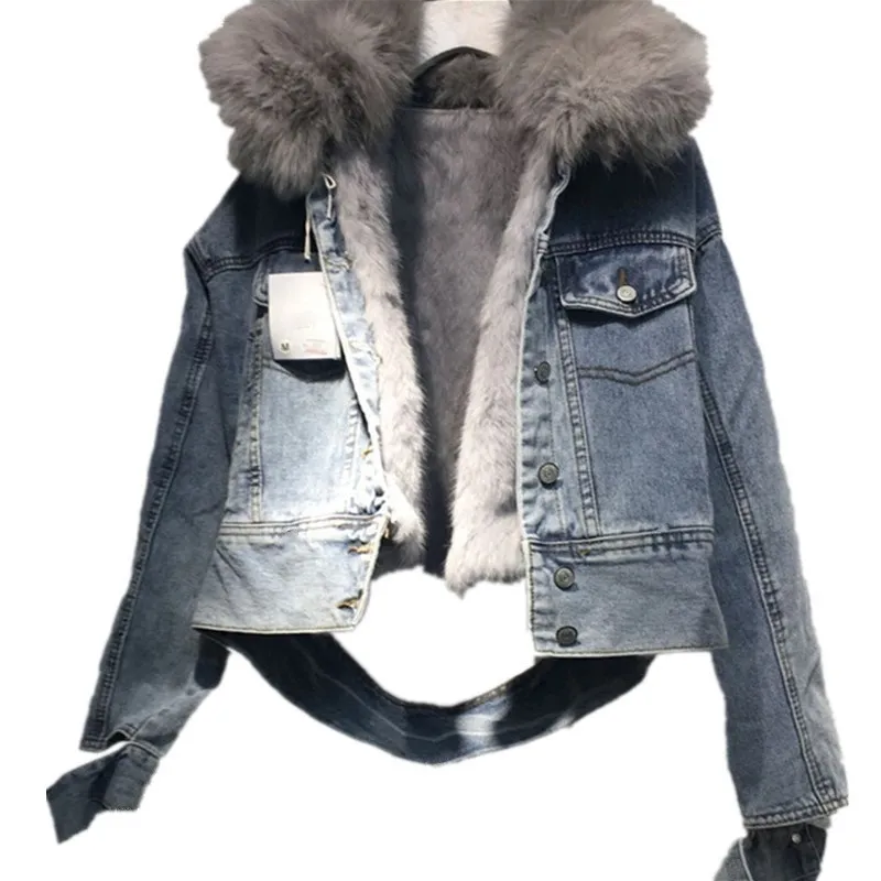 New Loose Women Denim Coat Female Real Rabbit Fur Line Denim Jacket Long Sleeve Jeans Jacket With Fur Parka Outwear Thick