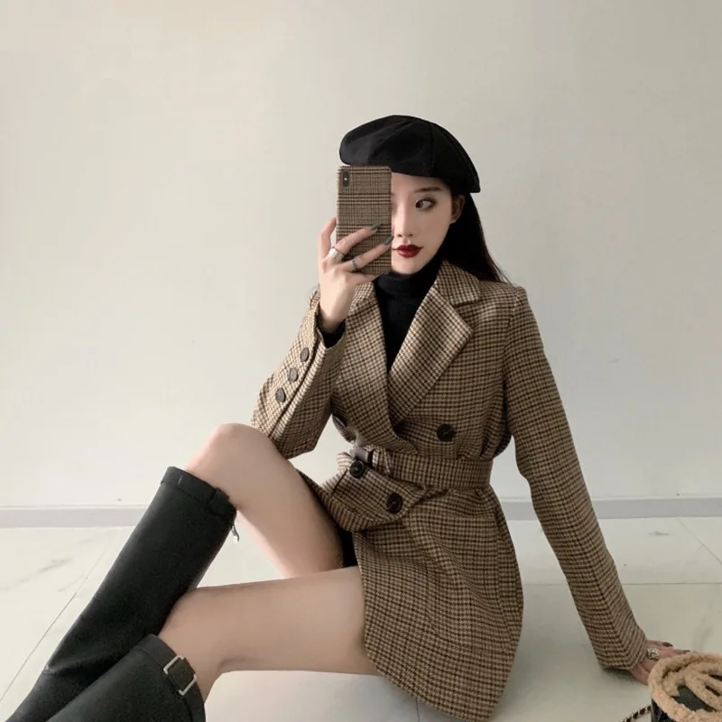 2020 Autumn Winter Plaid Blazer Women Long Casual Coat Vintage Double Breasted Houndstooth Tweed Wool Ladies Suit Jacket Female