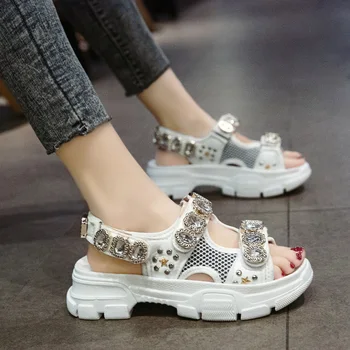 

Sandals female 2020 new summer super fire wild rhinestone casual thick bottom Roman shoes