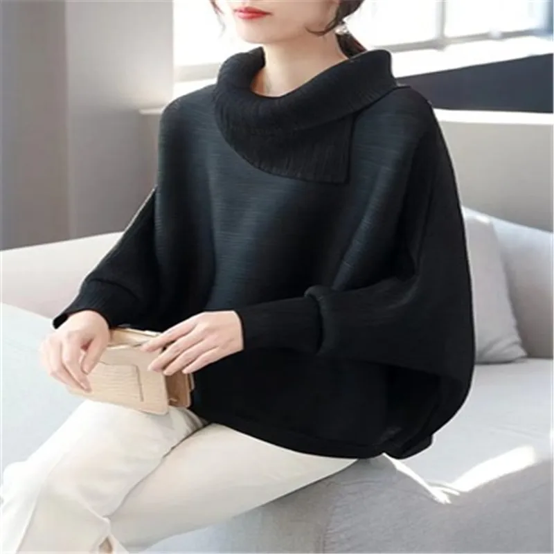 Miyake folds fashion temperament lapel bat sleeve solid color shirt loose and thin Western style all-match age reduction female