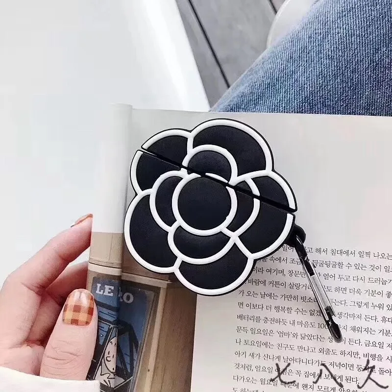 black camellia soft Silicone headset Case For AirPods 1/2 Earphone Charging Cover Bag with lanyard hook
