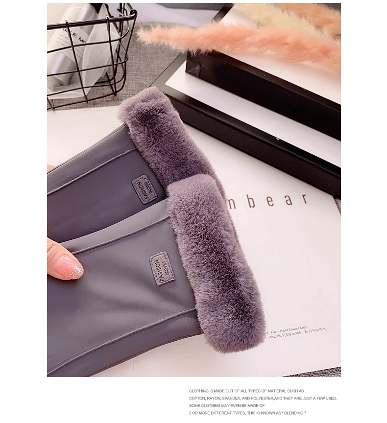 Winter leather gloves female cute students plus velvet thickening Japanese touch screen bike windproof cold weather warm gloves