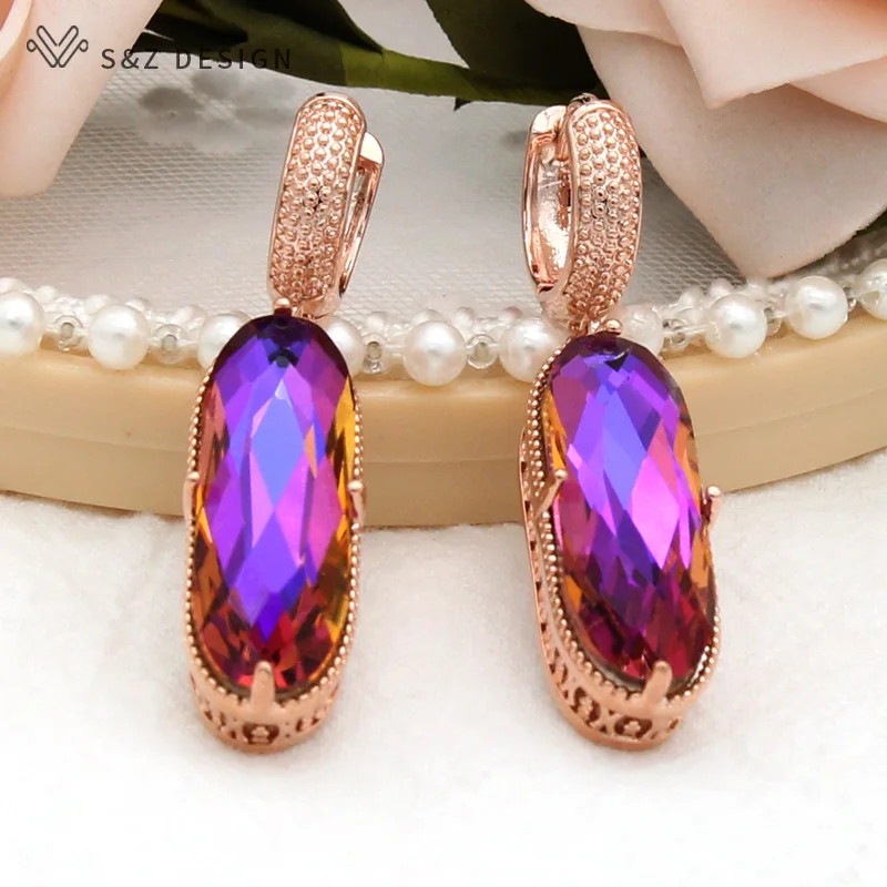 S&Z DESIGN Vintage Large Egg Shape Oval Crystal Dangle Earrings For Women Wedding 585 Rose Gold Color Jewelry
