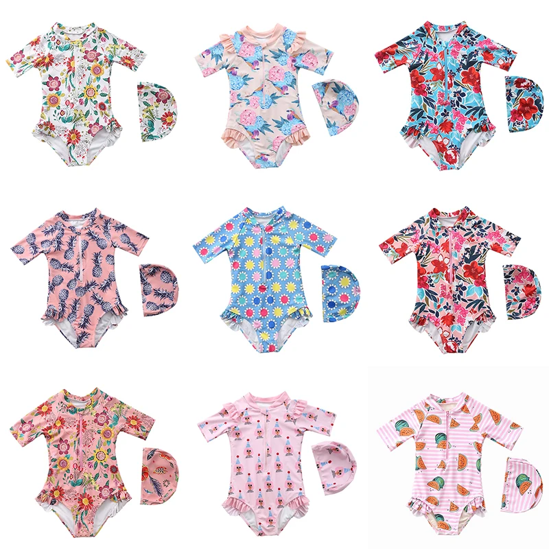 Детский купальник с коротким рукавом для девочек шапкой детский на молнии