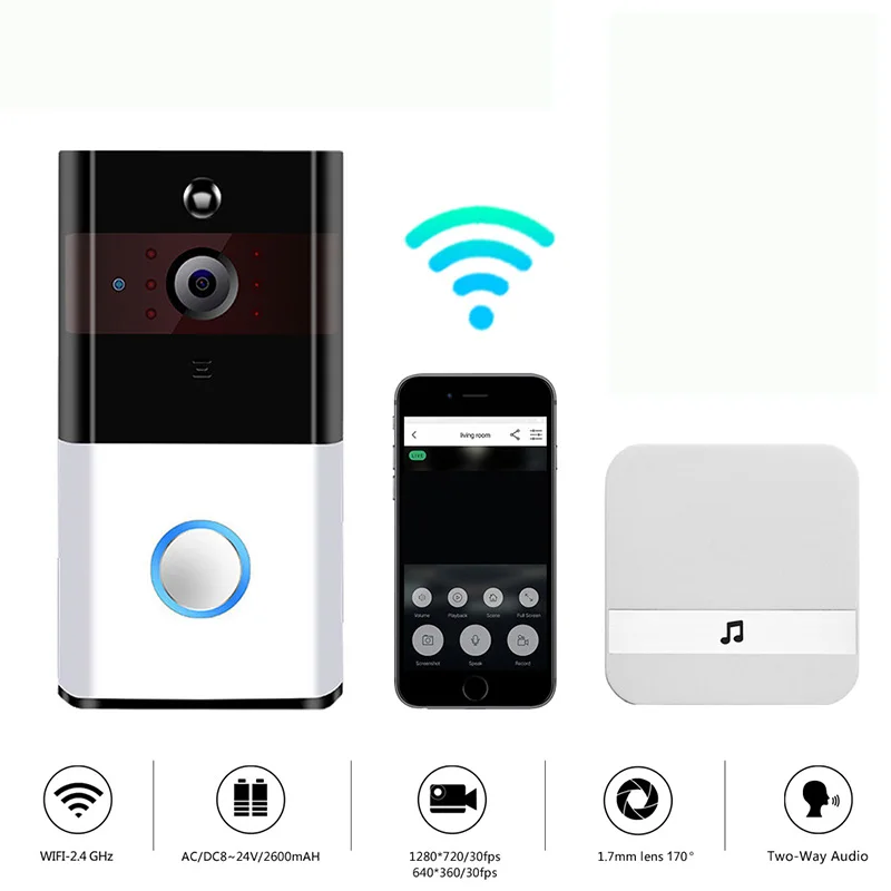 

WiFi Wireless Video Doorbell HD 720P with Chime and Battery Real-Time Video Two-Way Talk Night Vision PIR Motion Detection