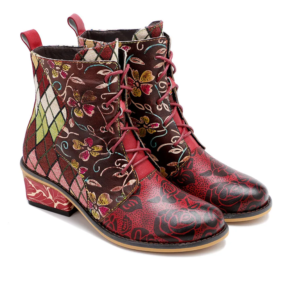 Women Boots Fashion Lace Up Ankle Boots Shoes For Woman Vintage Color Block Female Lady Thick High Heels Western Boots Handmade  (11)