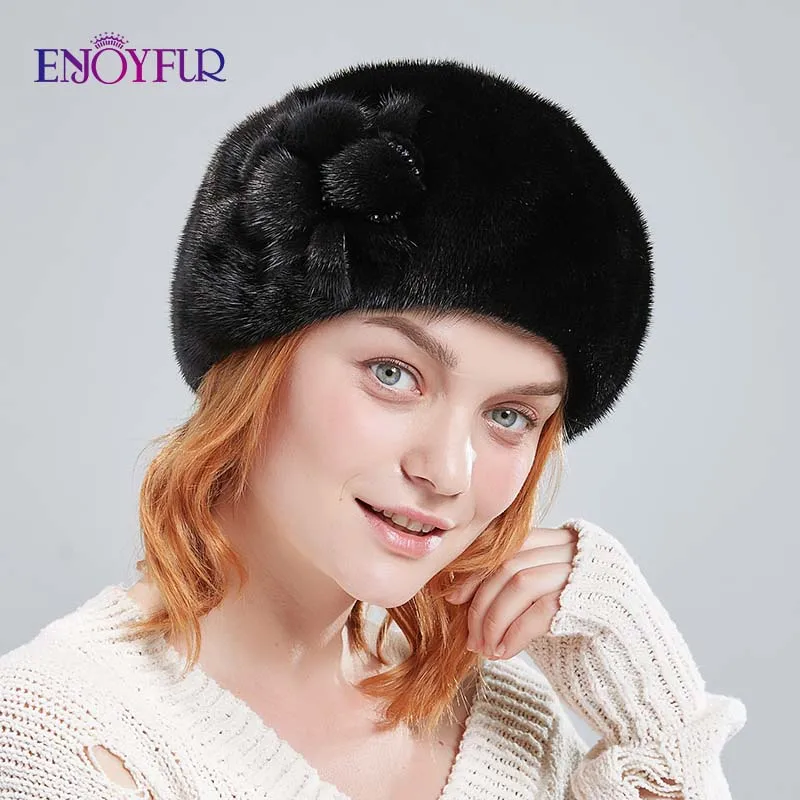 ENJOYFUR женские зимние шапки из меха норки, береты из натурального меха норки, теплые шапки из натурального меха с цветком, новая Брендовая женская шапка - Цвет: M01