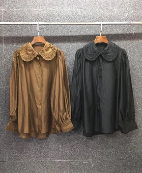 

2020 Early Autumn New Women's Pleated Lapel Stitching Decorations Solid Color Long Sleeve All-match Shirt 902