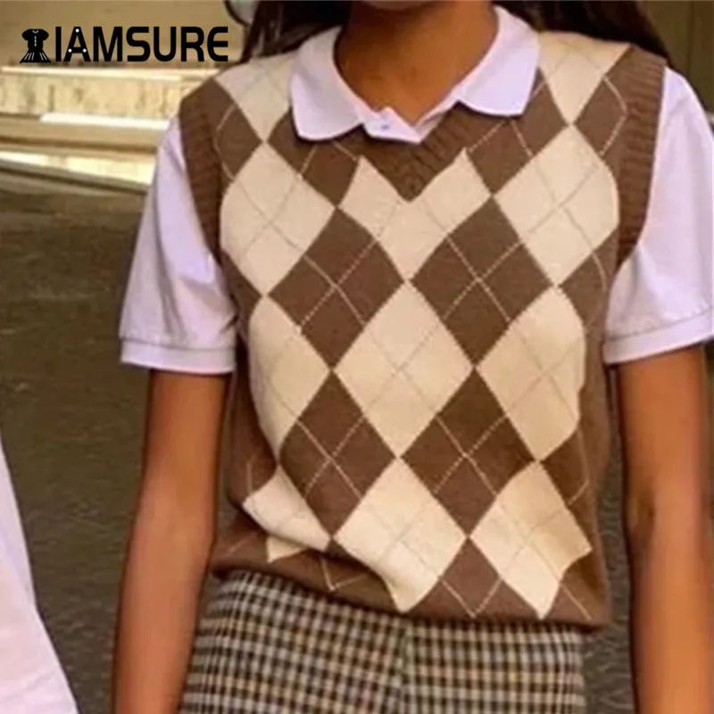 

IAMSURE Autumn Fashion Argyle Plaid y2k Knitted Vest For Women England Preppy Style V-Neck Sleeveless Casual 90s Sweater Vest