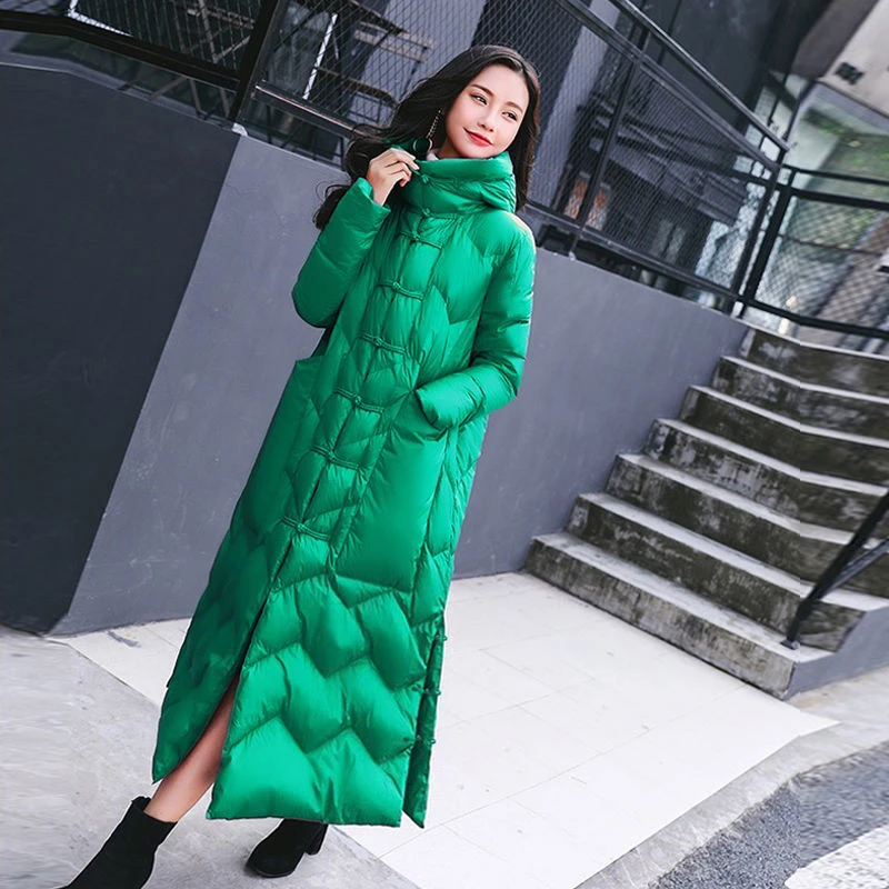 Модные длинные женские пуховики в китайском стиле, куртки, теплые свободные зимние пальто, женские куртки-пуховики, большие размеры, капюшон Harajuku - Цвет: green