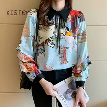 

Printed Chiffon Shirts Women 2021 Female Bow Tie Tops Ladies Fashion Blouses Elegant Femme Blusas Long Sleeve Casual Clothings