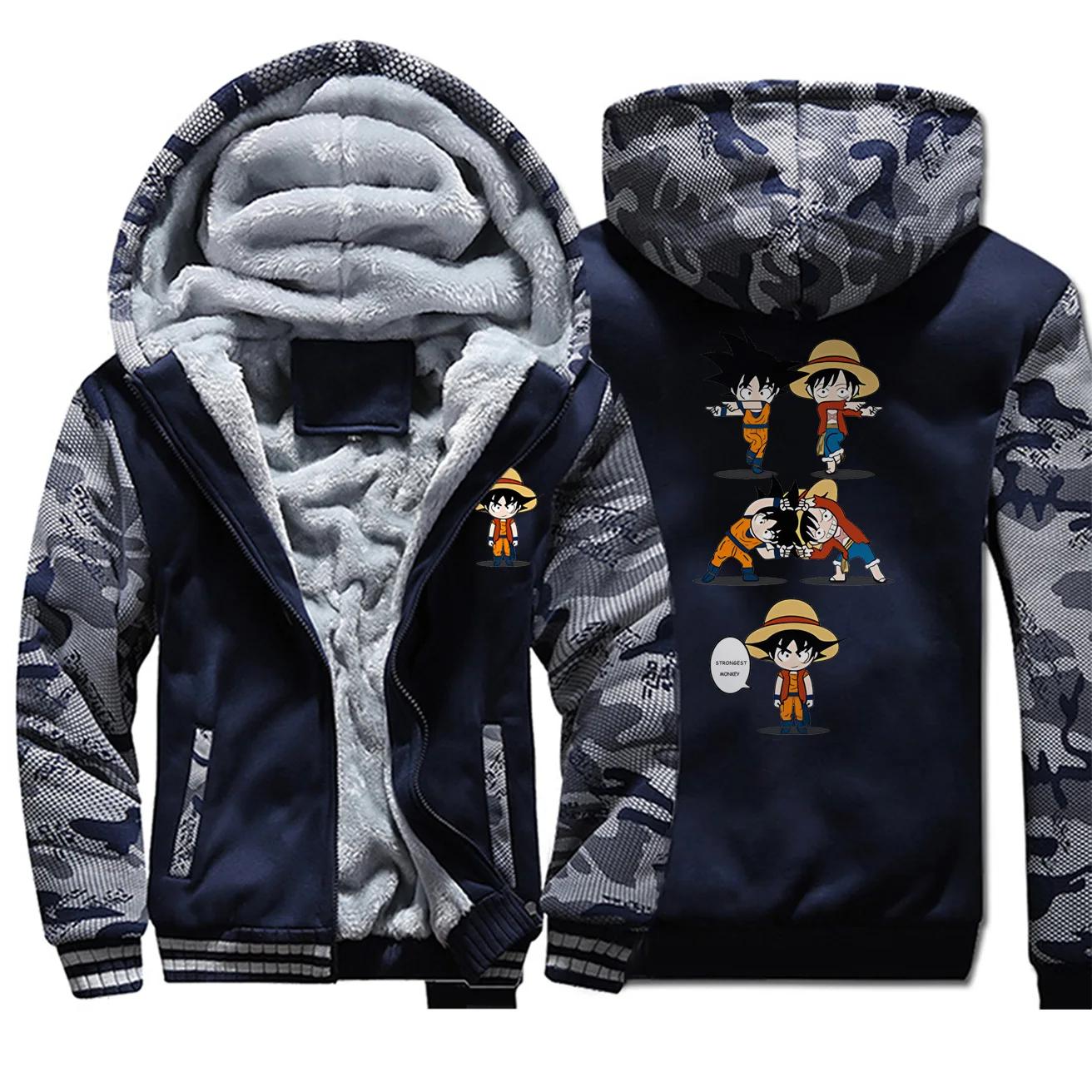 Luffy VS Goku толстые камуфляжные толстовки японского аниме зимняя куртка мужская флисовая крутая Дизайнерская куртка Драконий жемчуг кроссовер цельный