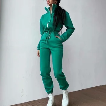 Women Stand Collar Jumpsuit Autumn Winter Female Zipper One Piece Single Breasted Suit Solid Loose Drawstring Rompers Tracksuits 4