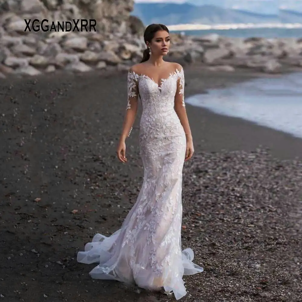 Vestido Novia белое свадебное платье русалки цвета слоновой кости с длинным рукавом и кружевной аппликацией Свадебные платья на заказ для невесты пляжные свадебные платья