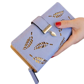 

Coin Purse Girl Phone Bag Cash Photo Clutch Soft PU Leather Women Wallet Leaves Hollow Out Design Female Long Wallet Card Holder