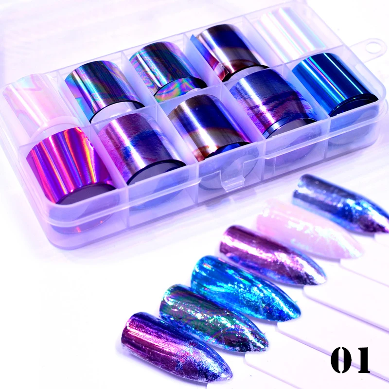 YZWLE 10 PCS жидкость для Фольга Стикеры комплект голографическая Звездное клей Sky обертывания передачи Бумага Мрамор блестящие, для дизайна ногтей Наклейка гель слайдер - Цвет: 01